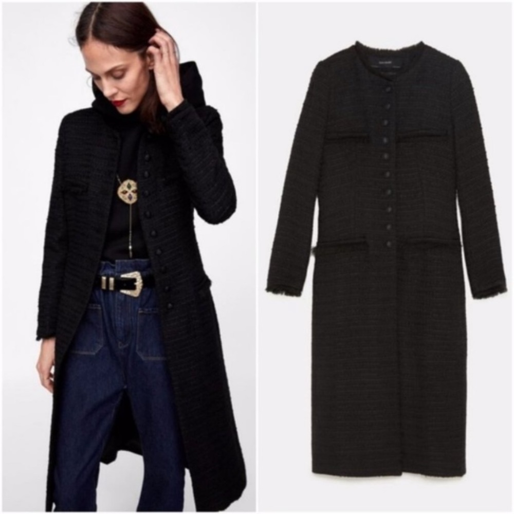 Zara Basic Black Fitted Tweed Maxi Coat